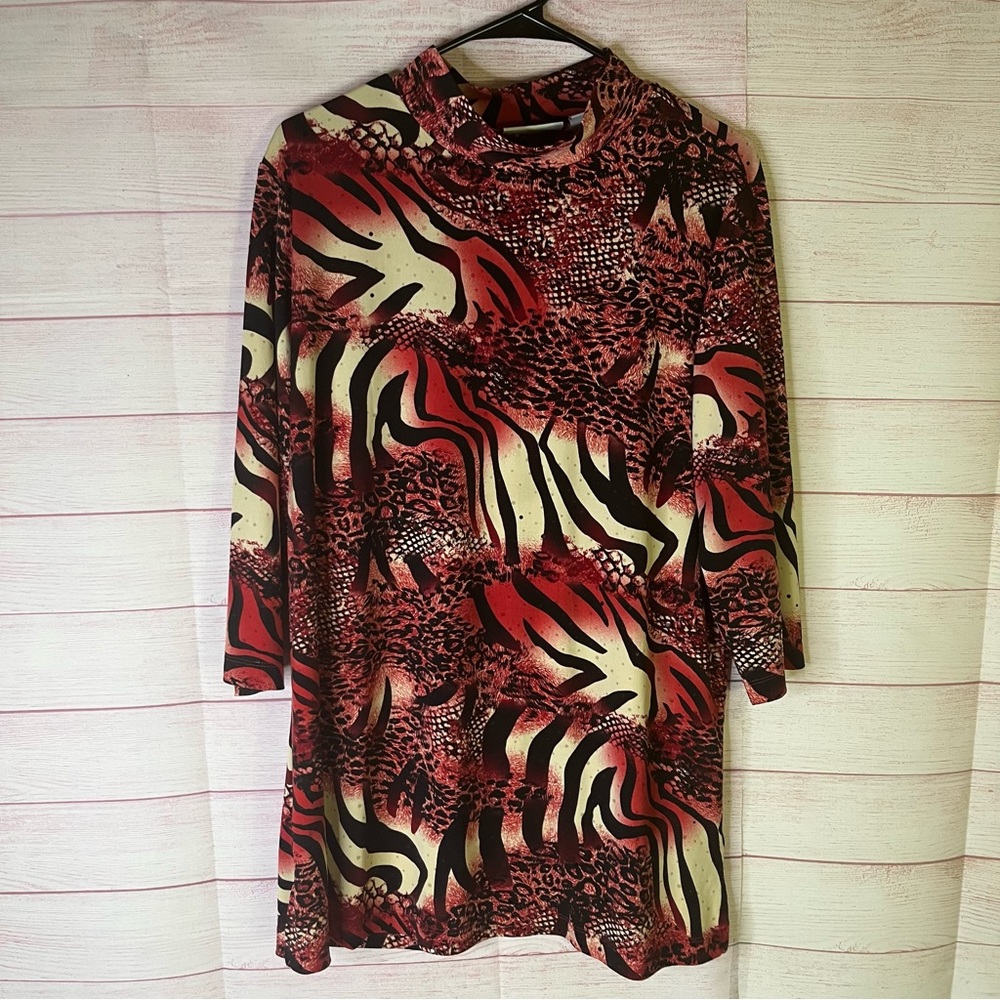 Susan Graver Liquid Knit Mock Neck Tunic Sparkle Animal Print Top Size Large